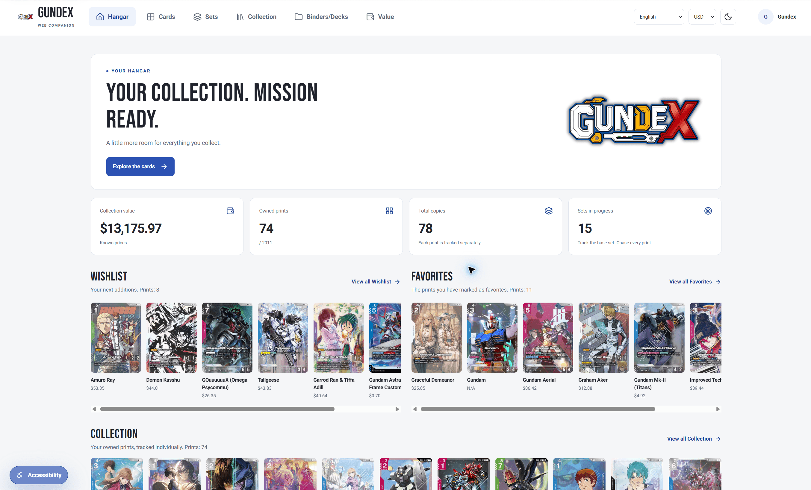 Gundex web Hangar showing collection totals, wishlist, favorites, and collected cards